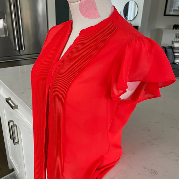 H&M Button Down Front Pleat Detail Flutter Cap Sleeve Sheer Top Orange Sz 6 - Picture 3 of 9